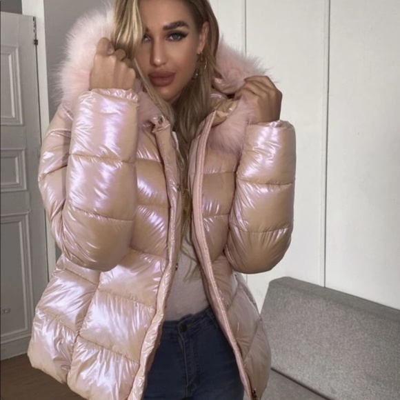 Bellanblue Jackets & Blazers - Metallic pink Quilted puffer jacket faux fur hood